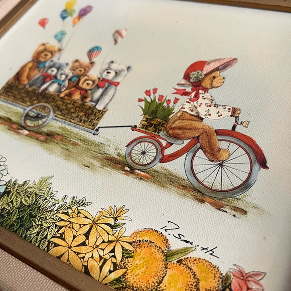 R. Smith signed hand painted framed teddy bear wagon art on stretched canvas - Picture 4 of 7